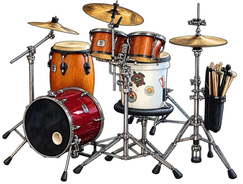 Small percussion kit: bucket snare, small kick, bongos and conga
