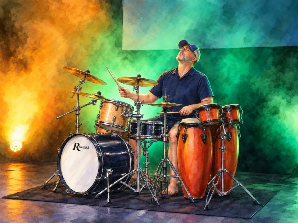 Drummer behind a kit, head tilted back