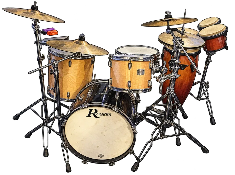 Full kit: Rogers bass drum, toms, cymbals, hand drums.
